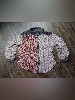 Free People Colorful Colorblock Mixed Print Boho Button Up Flowy Blouse Small